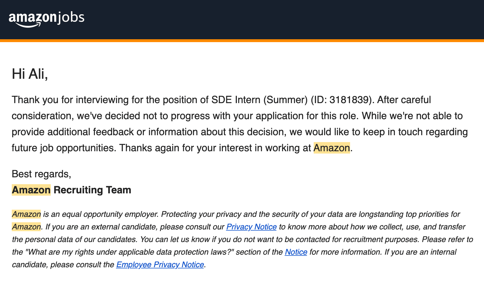 Amazon interview status update